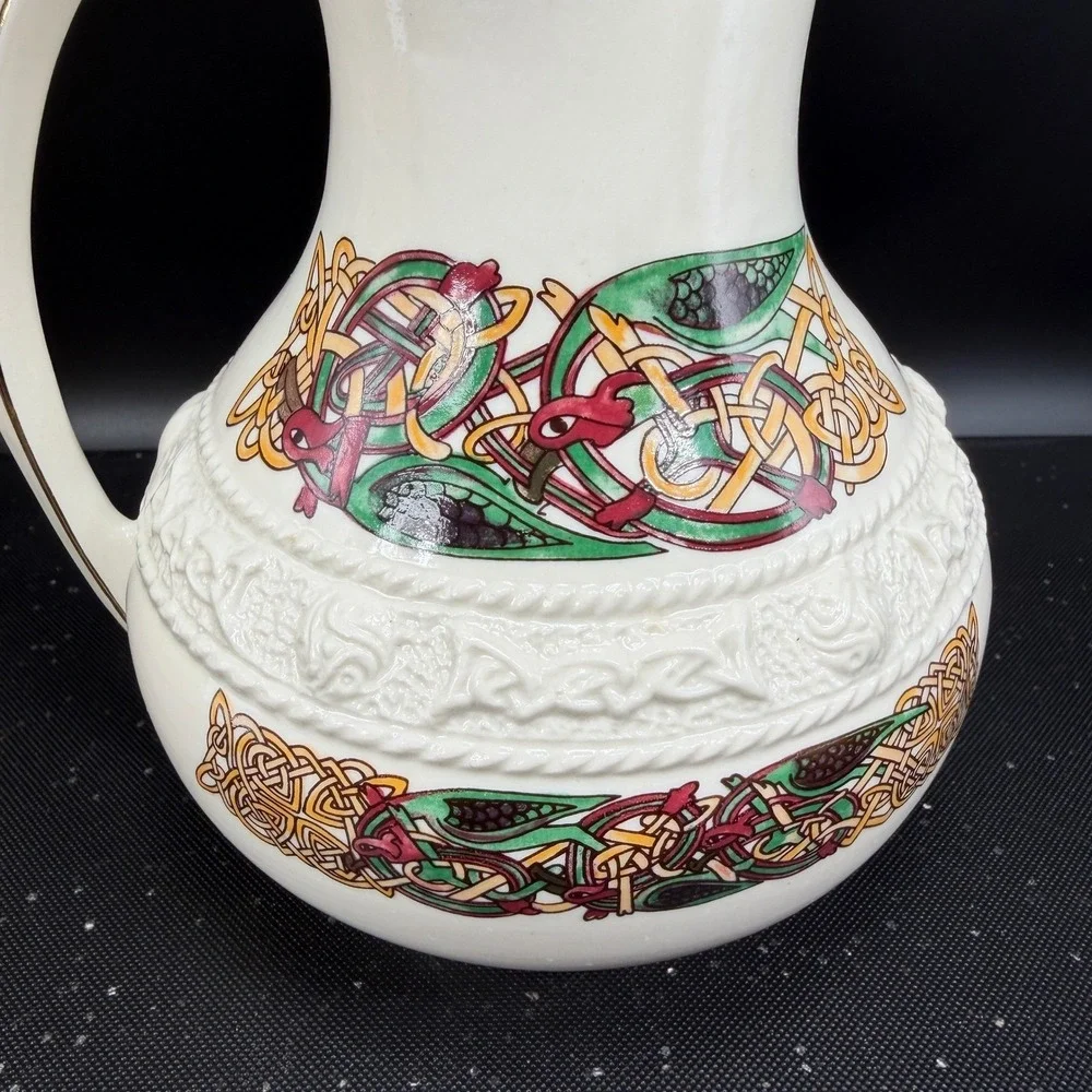 Cre Irish Porcelain Celtic Pitcher Galway Ireland Serpent Handle Gold Trim 7in‎